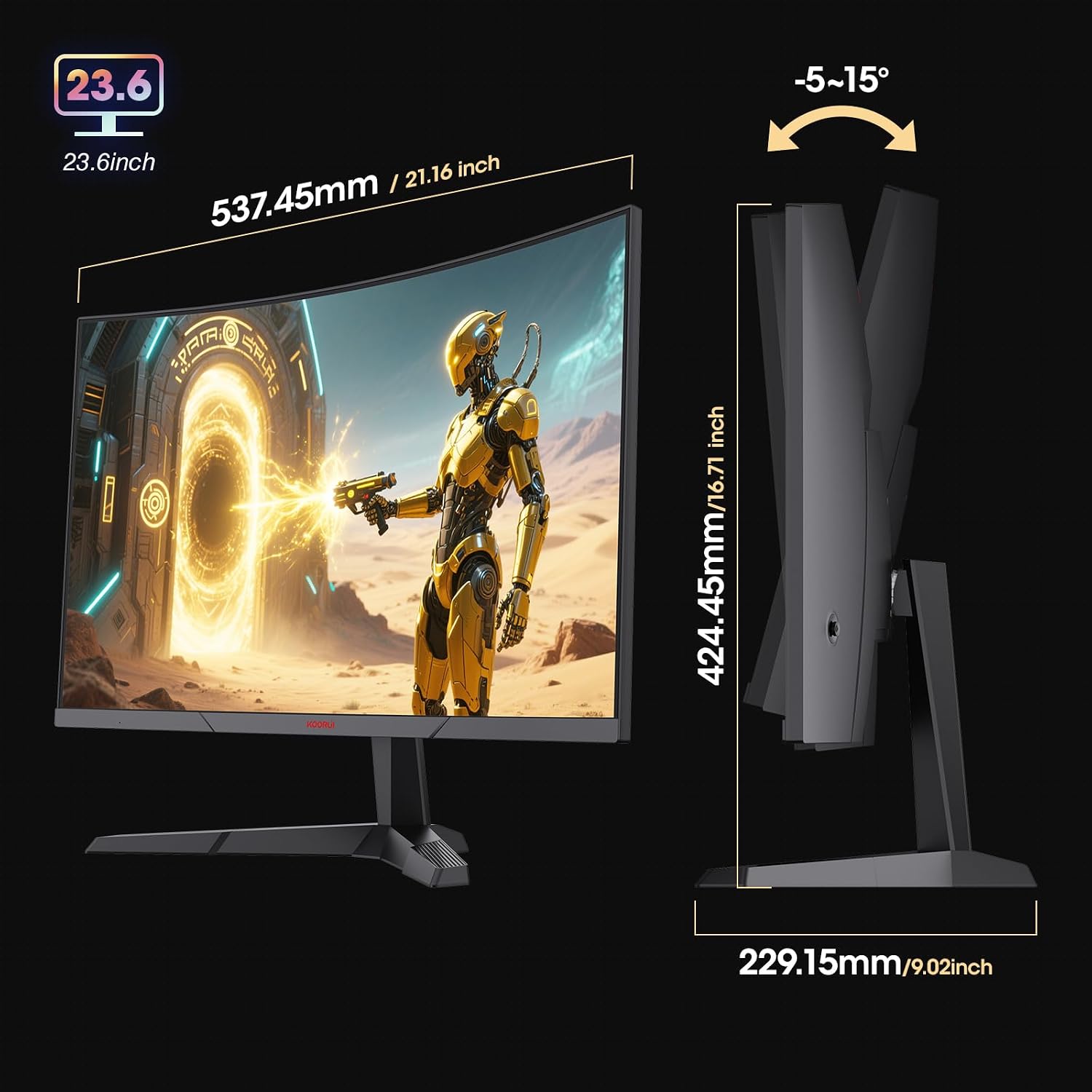 KOORUI 24 Inch Curved Gaming Monitor 180Hz 1ms,FHD 1080p 1500R Curved Display with Adaptive Sync,99% sRGB,HDR10,Eye Care,VESA Compatible,HDMI2.0X2 &DP1.2,Tilt Adjustable,Black
