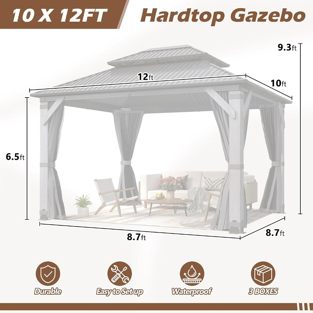 10x12FT Wood Gazebo,Outdoor Wooden Hardtop Gazebo with Galvanized Steel Doule Roof,Cedar Wood Frame Gazebos with Netting &Curtainfor Patio Backyard Deck