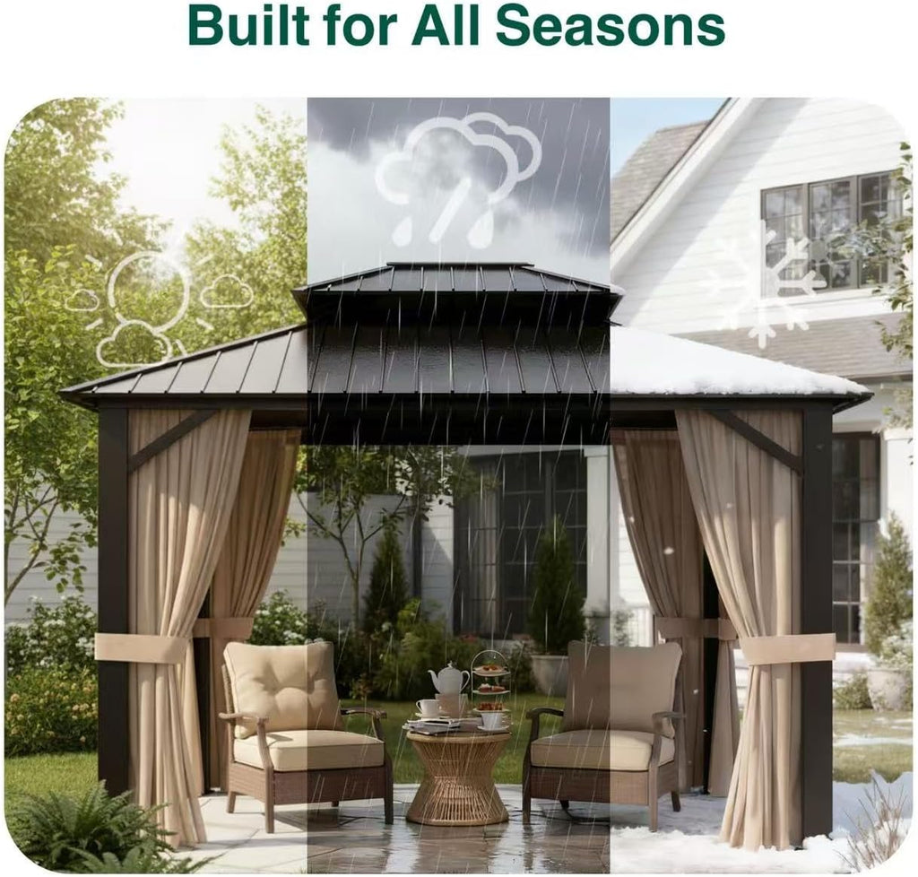 Premium 10x12 Hardtop Gazebo with Vented Metal Roof, Full Privacy Curtains & Mosquito Netting, Robust Aluminum Pergola for Patio, Garden & Deck – All-Season Weather Outdoor Shelter