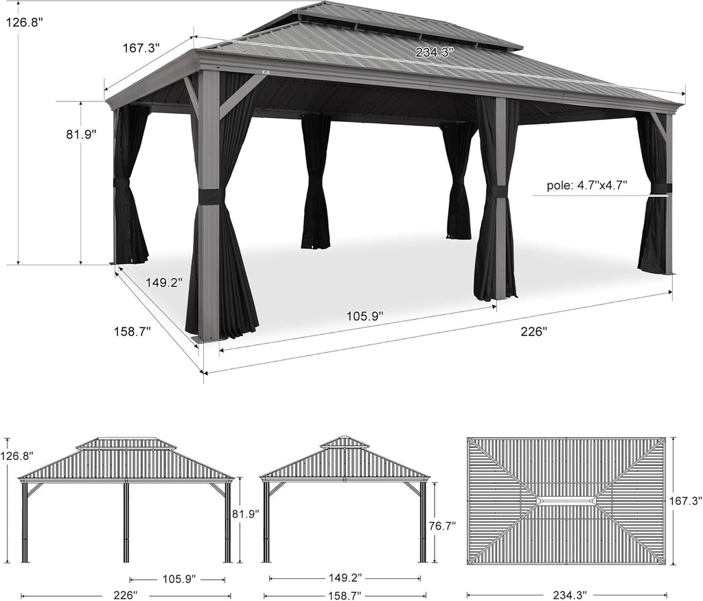 PURPLE LEAF 14' x 20' Outdoor Hardtop Gazebo with Netting and Curtains Galvanized Steel Double Roof and Aluminum Frames Permanent Wind Resistance Pavilion Gazebo for Patio Deck Garden, Light Grey