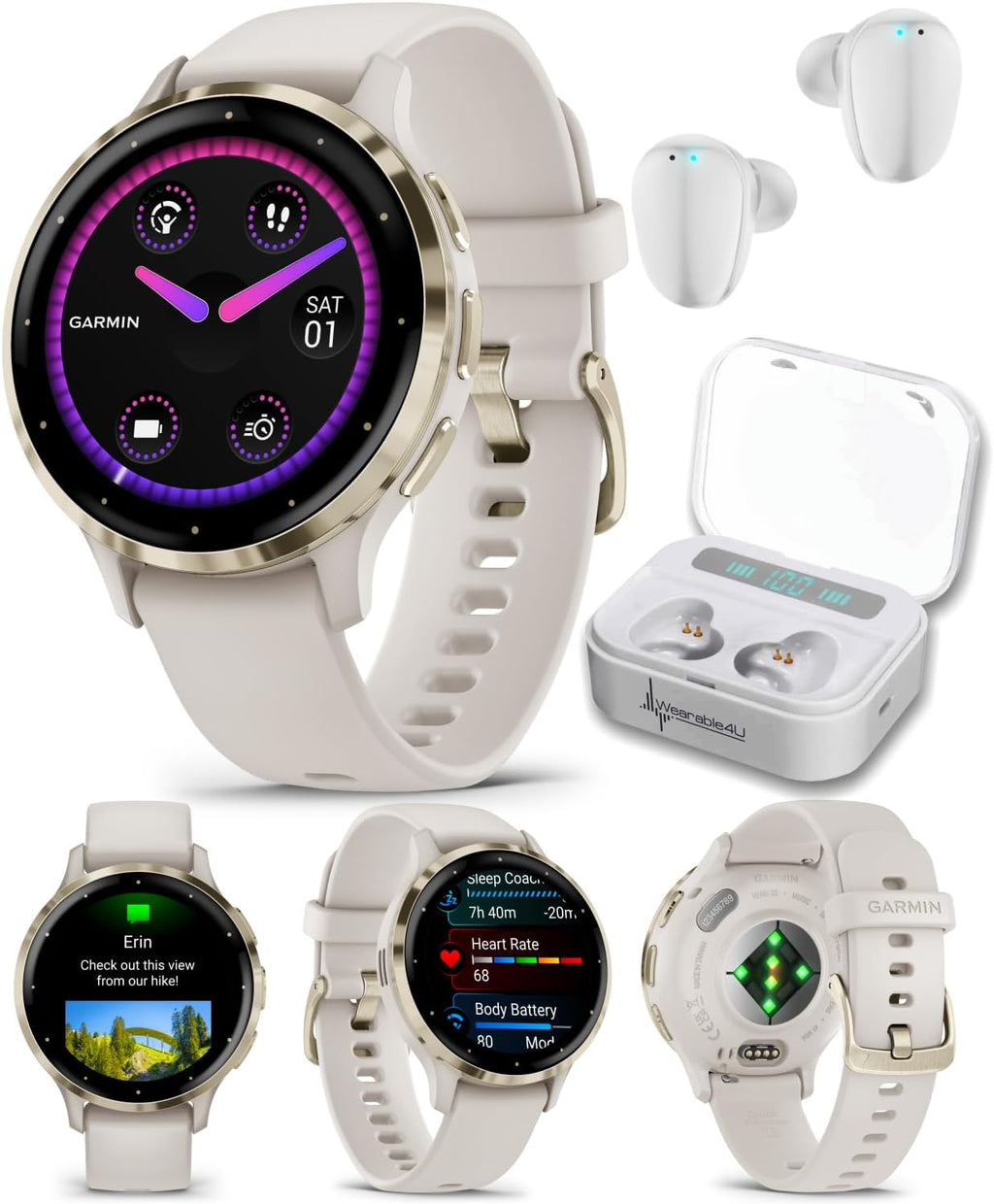 Garmin Venu 3S GPS Smartwatch, AMOLED Display 41 mm Watch, Advanced Health and Fitness Features, Up to 10 Days of Battery, Sleep Coach, Ivory Case with White Earbuds Bundle