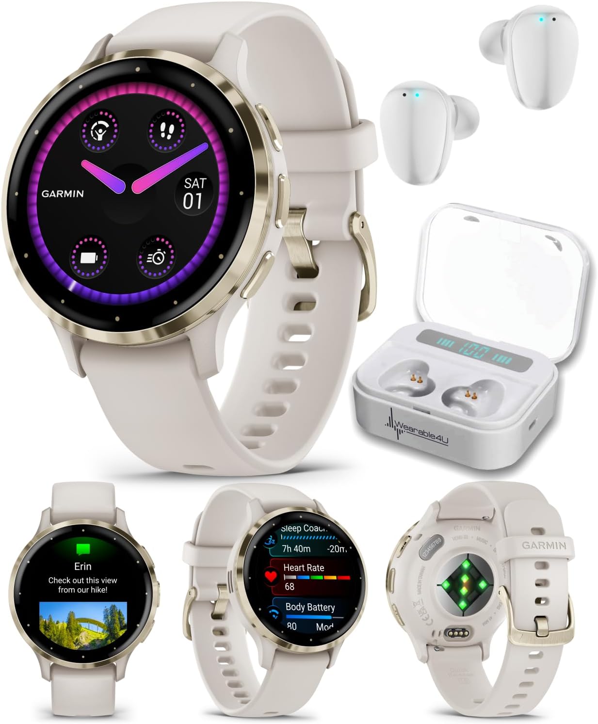 Garmin Venu 3S GPS Smartwatch, AMOLED Display 41 mm Watch, Advanced Health and Fitness Features, Up to 10 Days of Battery, Sleep Coach, Ivory Case with White Earbuds Bundle