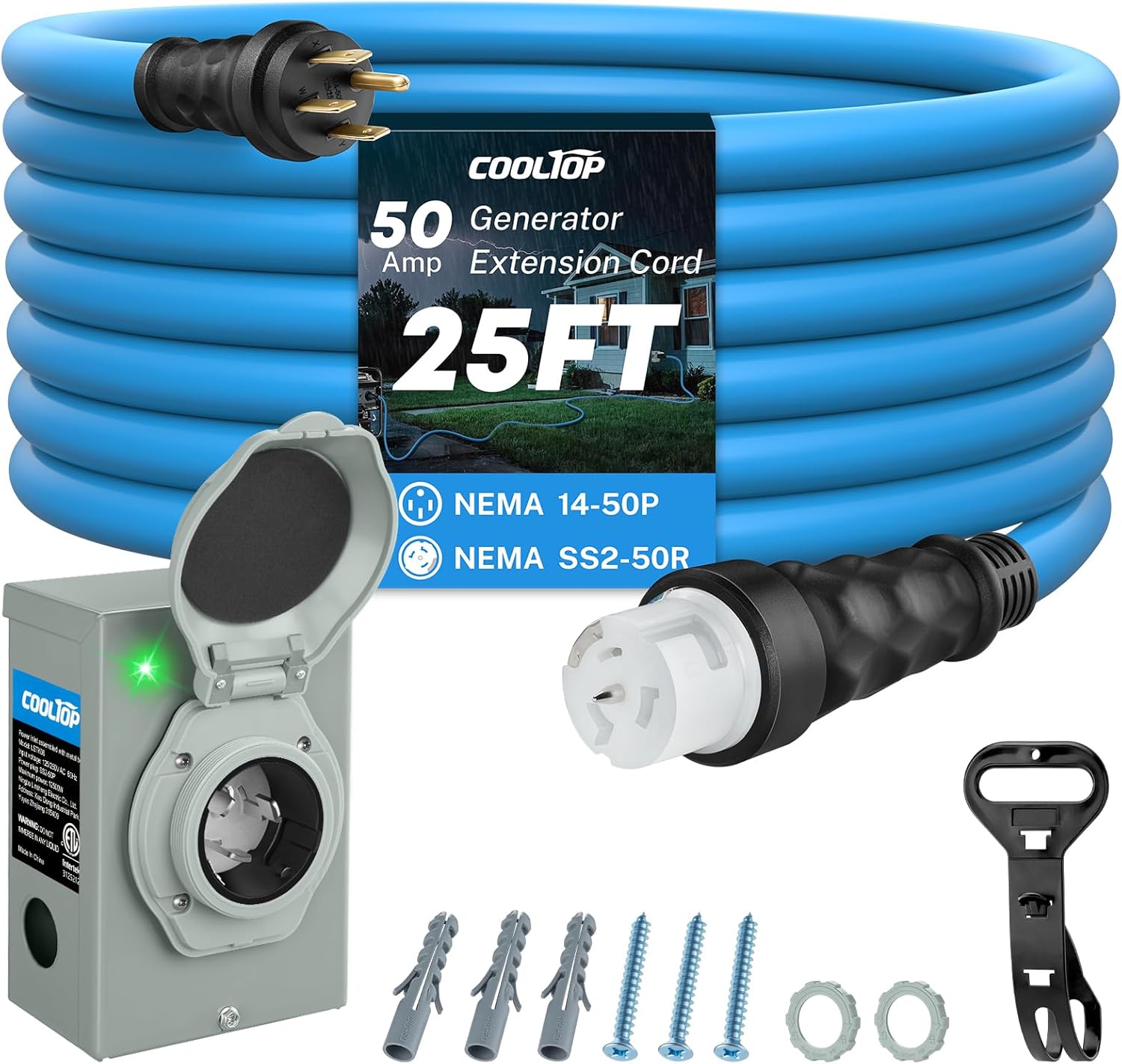 COOLTOP 50 Amp Generator Cord and Power Inlet Box Kit, 25FT Extension Cable STW 6/3+8/1 AWG Generator Cord 125/250V NEMA 14-50P to SS2-50R Pre-Drilled Inlet Box Waterproof Combo Kit, ETL Listed
