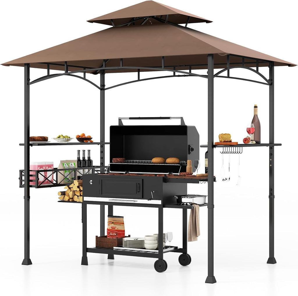 HAPPYGRILL 8 x 5 FT BBQ Grill Gazebo with 2 Side Shelves, Storage Basket, Hanging Hooks, Bottle Opener, Double-Tiered Top, Metal Frame, Outdoor Barbecue Canopy, Grilling Shelter for Patio Garden Yard