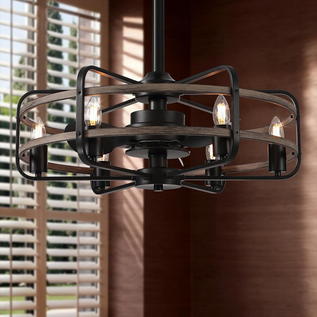 Industrial Caged Ceiling Fan with Lights, 25' Farmhouse Fandelier with Remote Control, 6-Speed Quiet Reversible Motor, E26 Base, Rustic Black and Wood Finish, No Bulbs Included