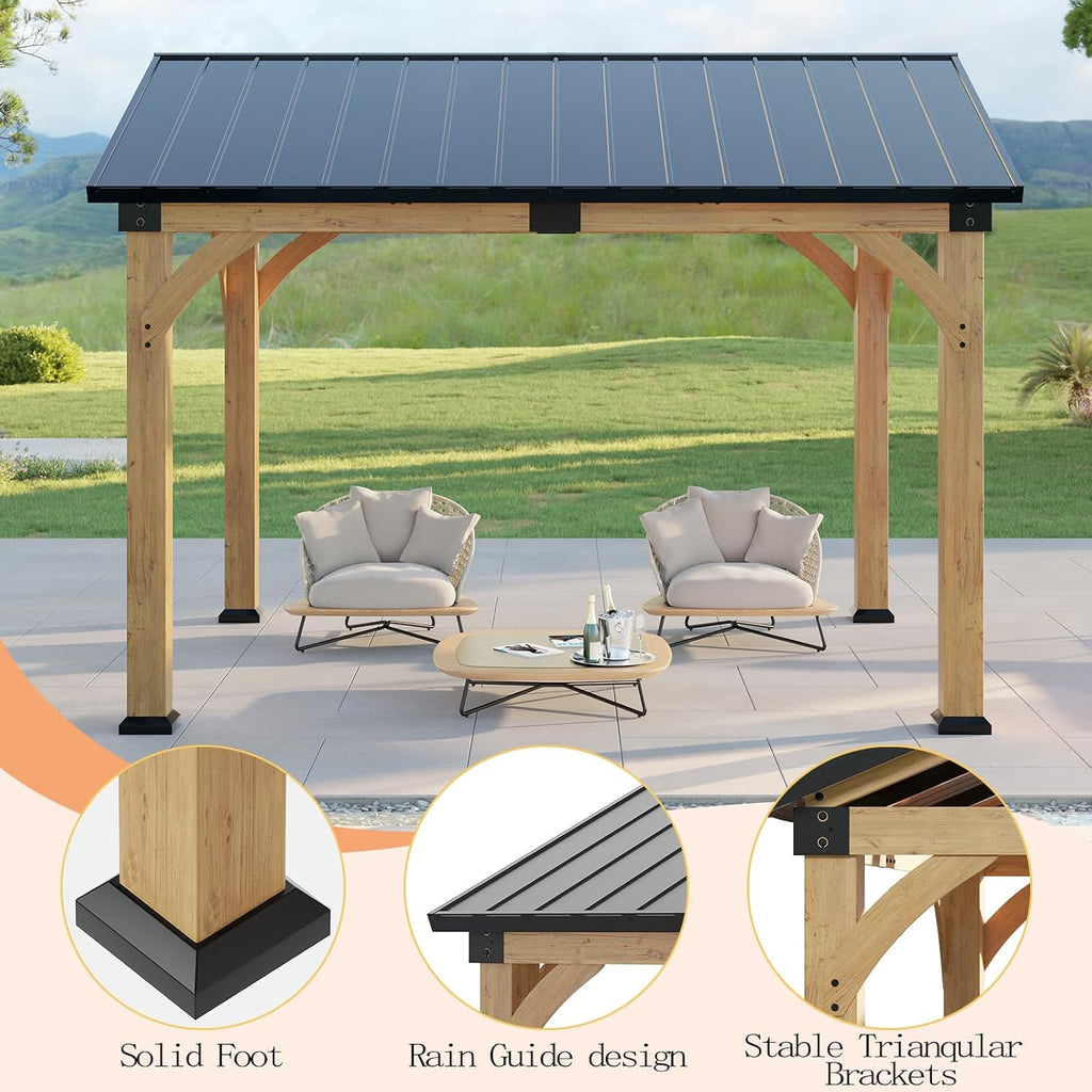 10x12 ft Cedar Wood Gazebo, Hardtop Gazebo with Galvanized Steel Peak Roof, Outdoor Pavilion for Snow Support, Wind Resistance, UV Protection, Shade for Garden, Patio, Deck