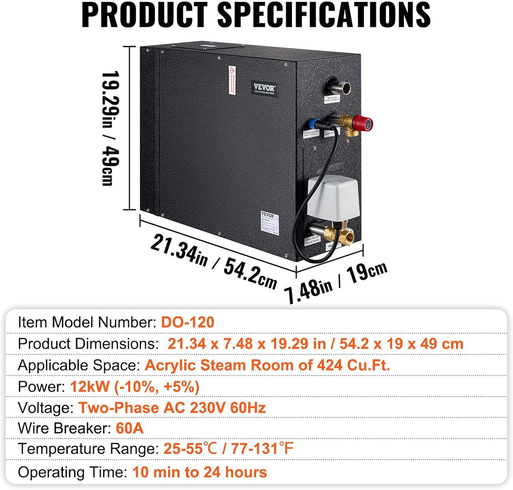 VEVOR Steam Shower Generator, 12 kW, Segmented Heating System with Temperature Customization & 24h Timer, Automatic Drainage Steam Bath Kit for Home Use