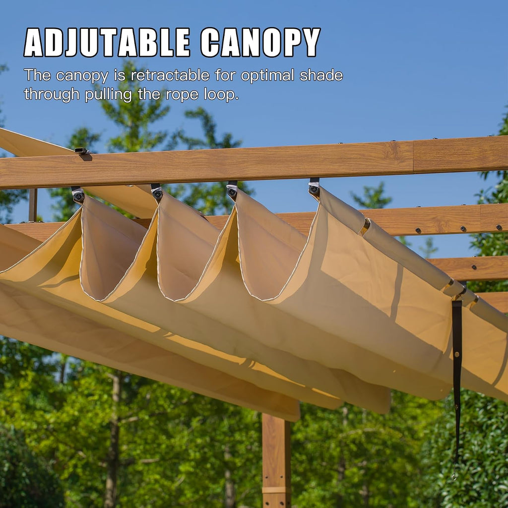 Domi 9' x 13' Outdoor Retractable Pergola Against The Wall with Weather-Resistant Canopy Aluminum Garden Pergola Patio Grill Gazebo for Courtyard(Teak Coated)