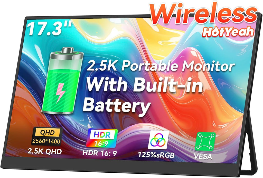 HotYeah 17.3' 2.5K Wireless Portable Monitor, Support AirPlay Miracast, 2560×1440P IPS USB-C HDMI External Monitor, 2nd Screen for Laptop MacBook PC Phone Tablet, w/Built-in Battery(3-4H)