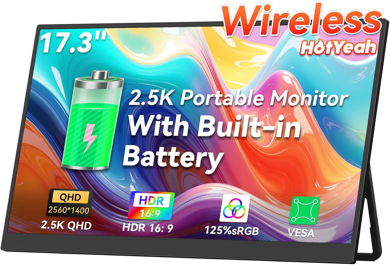 HotYeah 17.3' 2.5K Wireless Portable Monitor, Support AirPlay Miracast, 2560×1440P IPS USB-C HDMI External Monitor, 2nd Screen for Laptop MacBook PC Phone Tablet, w/Built-in Battery(3-4H)