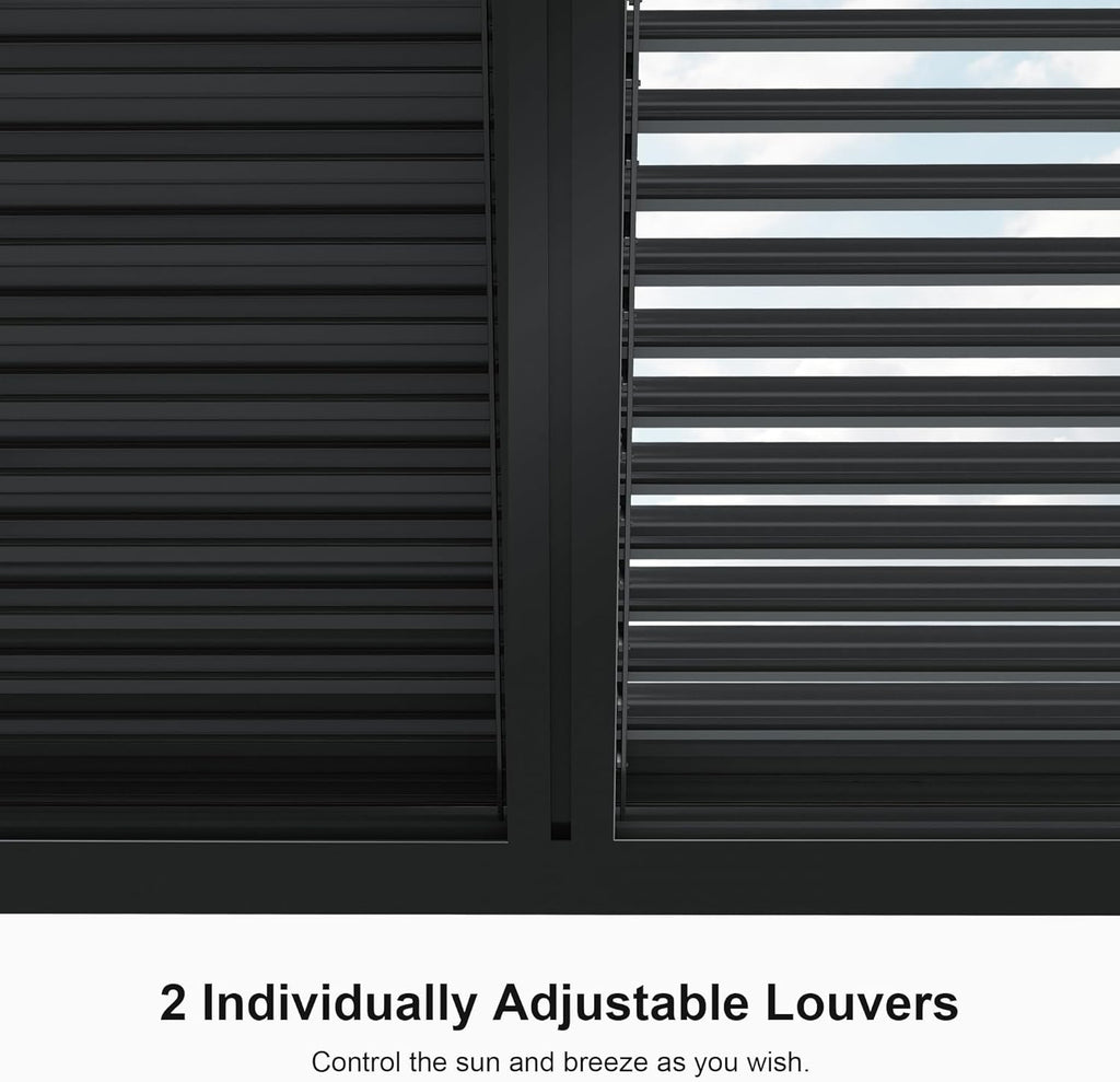 PURPLE LEAF Louvered Pergola 94AS 10' x 14' Outdoor Aluminum Pergola with Fixed Shutter Wall Adjustable Roof for Deck Backyard Grey Hardtop Gazebo, 1 Short Side
