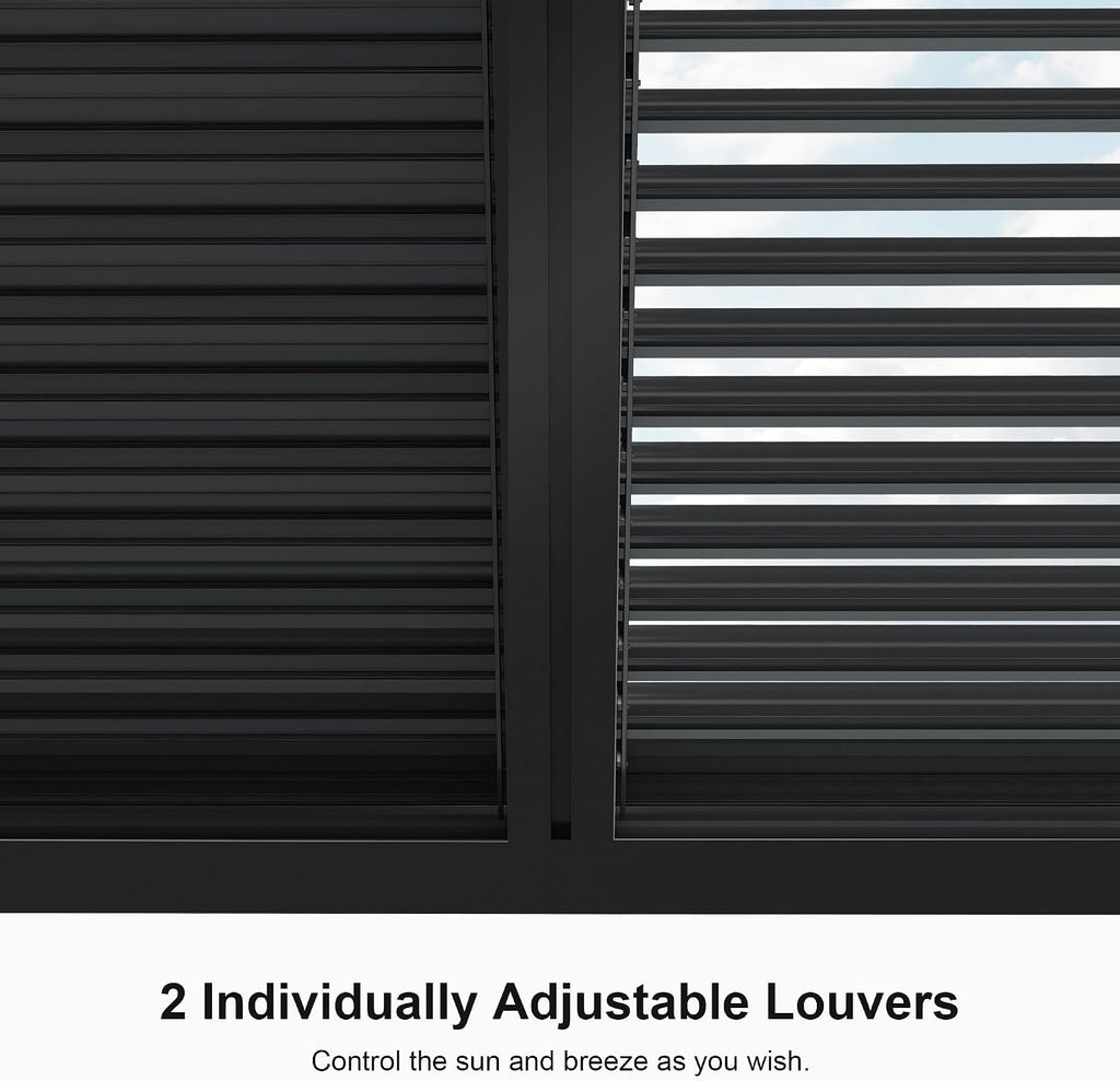 PURPLE LEAF Louvered Pergola 94AS 10' x 14' Outdoor Aluminum Pergola with Fixed Shutter Wall Adjustable Roof for Deck Backyard Grey Hardtop Gazebo, 1 Long Side