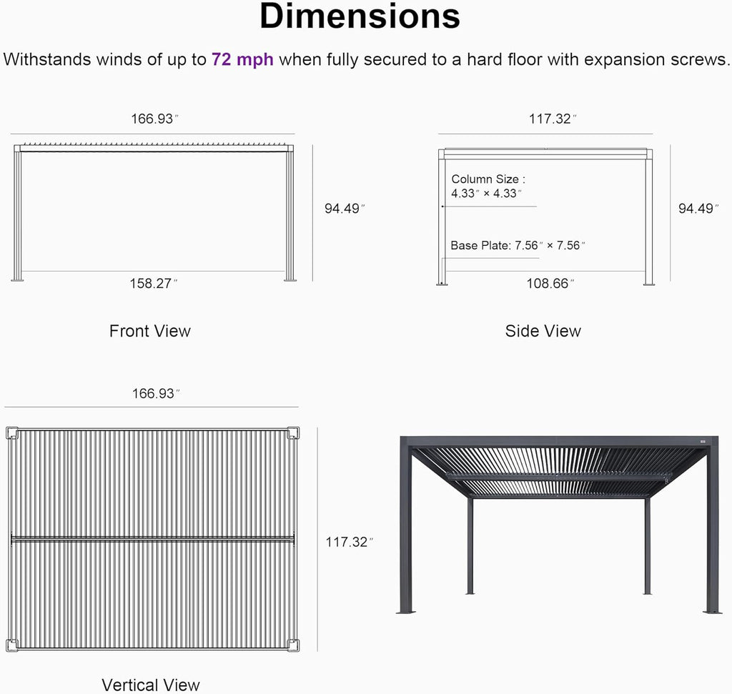 PURPLE LEAF Louvered Pergola 94AS 10' x 14' Outdoor Aluminum Pergola with Fixed Shutter Wall Adjustable Roof for Deck Backyard Grey Hardtop Gazebo, 1 Long Side