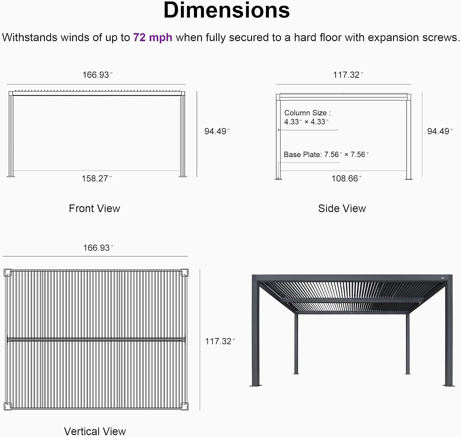 PURPLE LEAF Louvered Pergola 94AS 10' x 14' Outdoor Aluminum Pergola with Shade Screen Adjustable Roof for Deck Backyard Grey Hardtop Gazebo, 1 Long Side