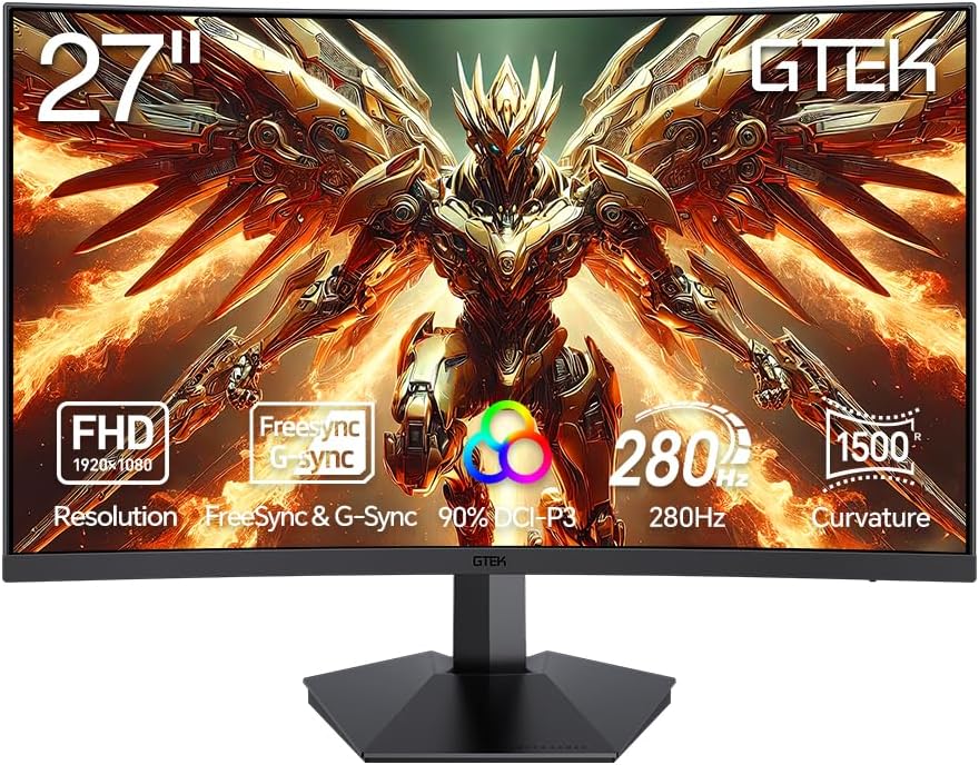 GTek 27 Inch Curved 280Hz 240Hz Gaming Monitor FHD 1080P, 1500R Curve Computer Monitor, 1920 x 1080P, VA 1ms MPRT,FreeSync, DisplayPort/HDMI, for Gaming, Streaming & Home Office