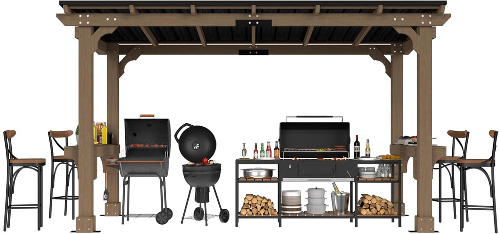 MUPATER 6 x 13 FT Solid Wood Grill Gazebo with Sloping Metal Roof, Hardtop Grill Gazebo Heavy Duty, Suitable for 2 Full-Size Grills, Permanent BBQ Canopy for Outdoor Patio, Lawn, Garden