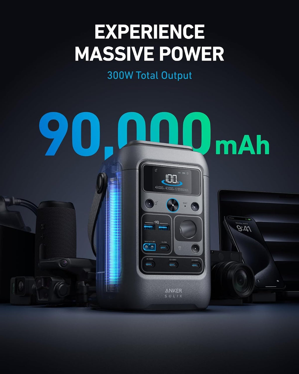 Anker SOLIX C300 DC Power Bank Station and Protective Bag, 288Wh Portable Power Station, LiFePO4 Battery, 300W Solar Generator, for Outdoor, Camping, Traveling, and Emergencies