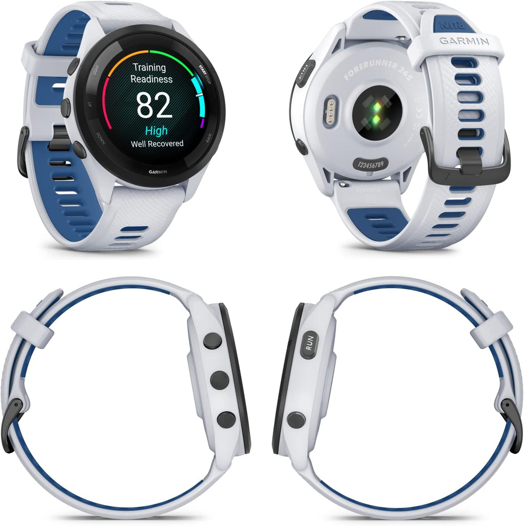 Garmin Forerunner 265 Music GPS Running 46 mm Smartwatch, Whitestone with AMOLED Touchscreen Display White Earbuds Bundle, White +Wht EarBuds