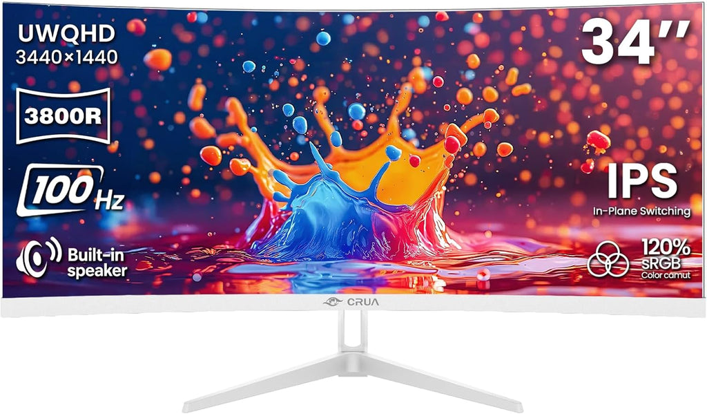 CRUA 34 Inch Ultrawide Curved Monitor, 21:9 UWQHD 3440x1440 100Hz 3800R IPS White Computer Monitors, FreeSync, Built-in Speakers, 120% sRGB, Blue Light Filter, HDMI 2.0 & DP 1.4, Wall Mountable