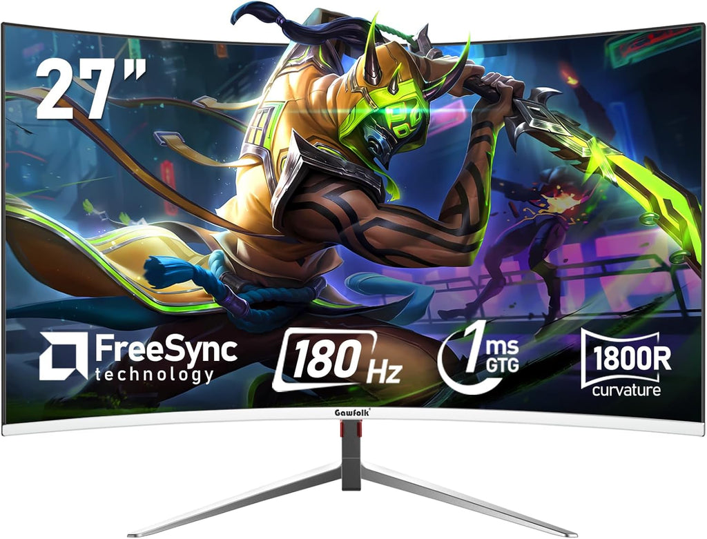 Gawfolk 27 Inch PC Computer Screen,1800R Curved Gaming 180Hz Monitors, FHD1080p 1ms Without Bezel, freesync, 98% sRGB,178 ° Angle View HDMI DisplayPort, Compatible with Wall-Mounted100*100MM-White