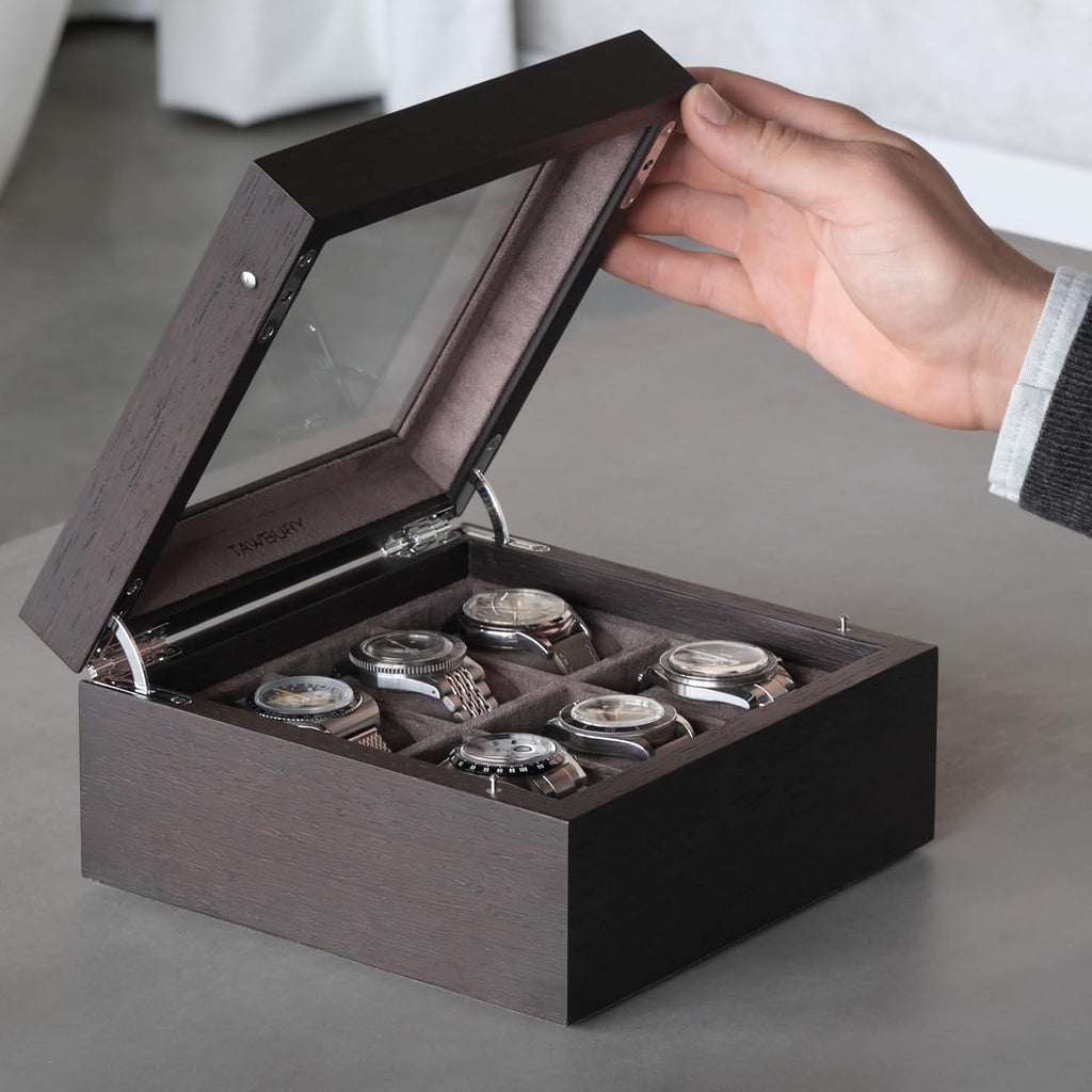 TAWBURY Wooden Watch Box Organizer for Men – 6 Slot Watch Box for Men | Luxury Watch Case for Men | Wood Watch Box Unisex | Wood Glass Watch Box Case Organizer | Wooden Watch Boxes for Men 6 Slot