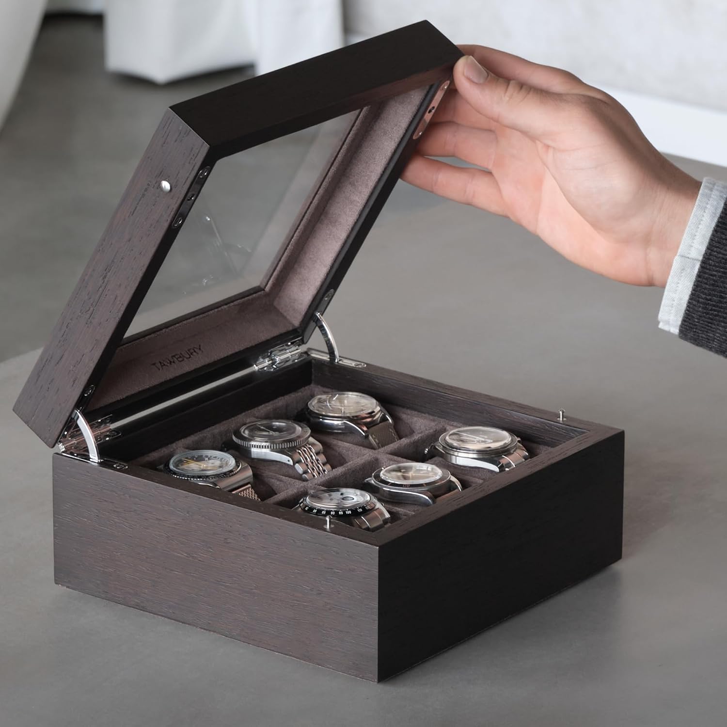 TAWBURY Wooden Watch Box Organizer for Men – 6 Slot Watch Box for Men | Luxury Watch Case for Men | Wood Watch Box Unisex | Wood Glass Watch Box Case Organizer | Wooden Watch Boxes for Men 6 Slot