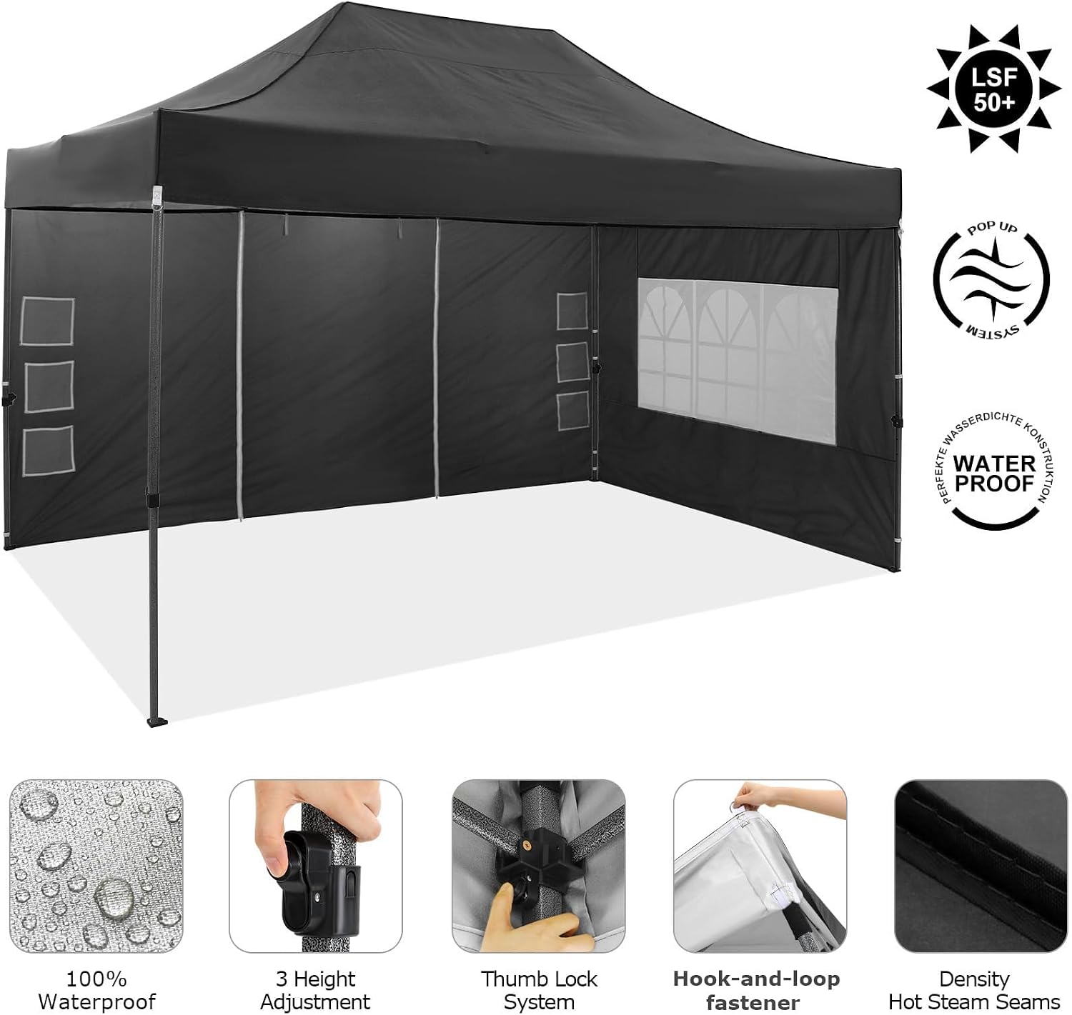 COBIZI 10x15 Pop Up Canopy with 4 Sidewall,Heavy Duty Canopy UPF 50+ All Season Wind Waterproof Commercial Outdoor Wedding Party Tents for Parties Gazebo with Carry Bag(10 x 15 ft Black)