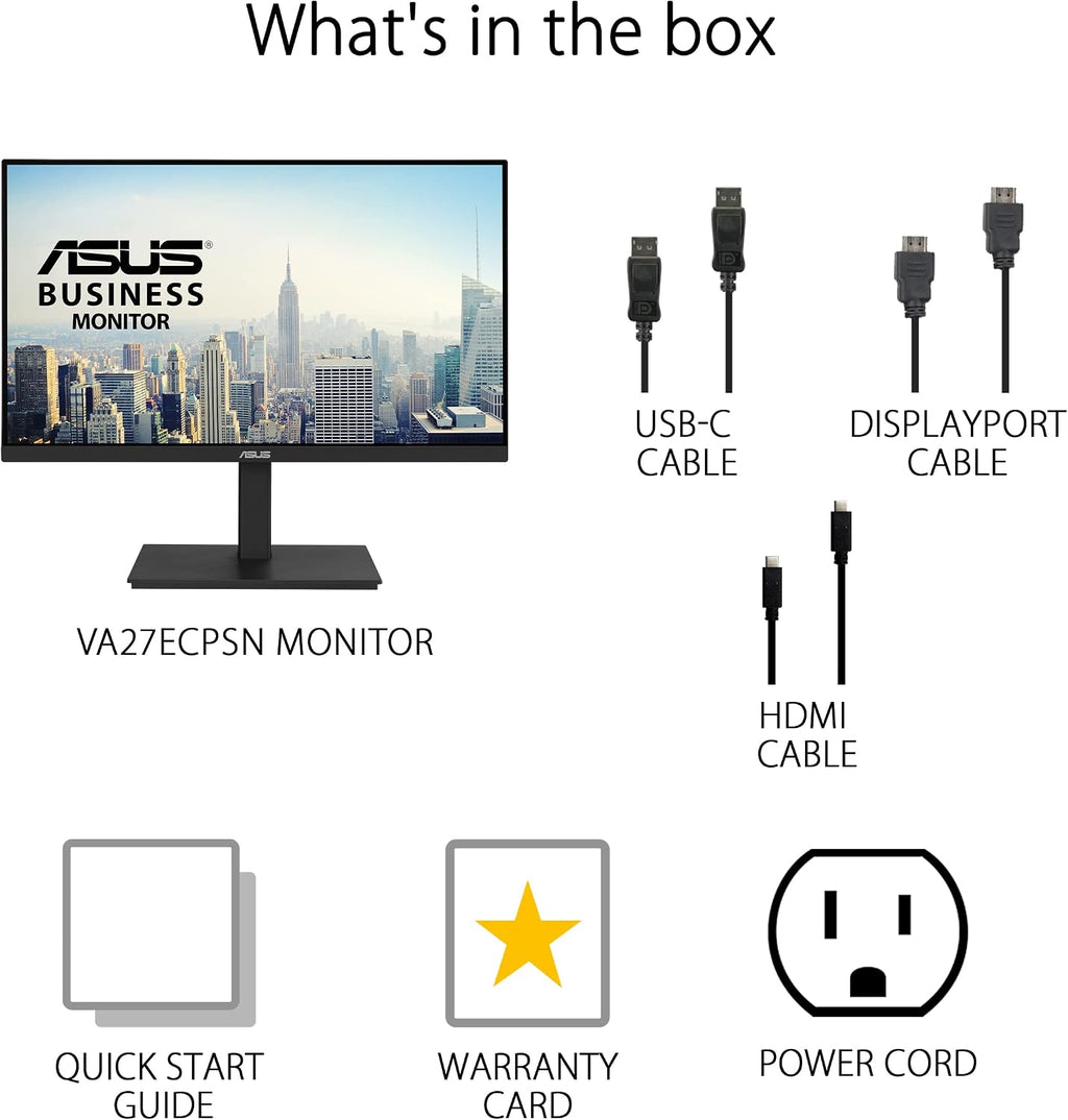 ASUS 27' 1080P Docking Monitor (VA27ECPSN) – Full HD, IPS, 75Hz, Adaptive-Sync, Speakers, Eye Care, Low Blue Light, Flicker Free, RJ45, USB-C, DisplayPort, HDMI, Height Adjustment, VESA Wall Mountable