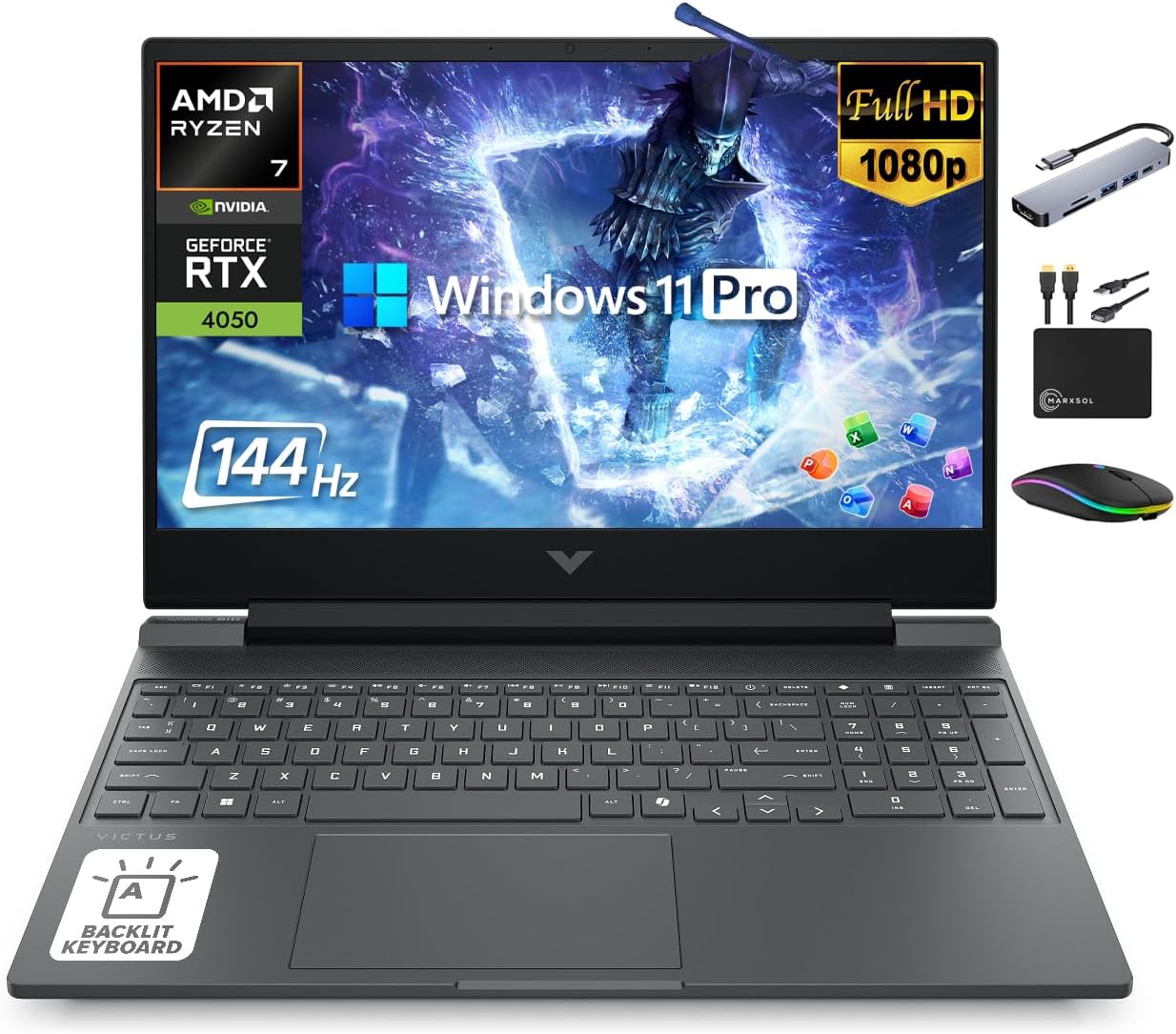 HP Victus 15.6' Gaming Laptop 144Hz 2025-2026 Business, AI Computer, Lifetime Office, Ryzen 7 7445HS, NVIDIA RTX 4050, 16GB RAM, 1TB Storage (512GB SSD+500GB Ext), Backlit KB, MarxsolAddon, Win 11 Pro