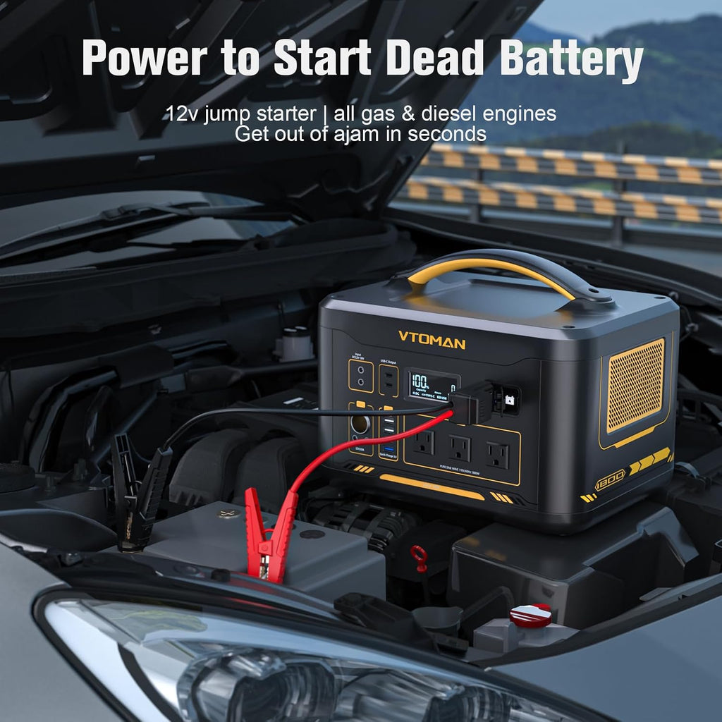 VTOMAN Jump 1800 Portable Power Station &12V Car Jump Starter, 1548Wh LiFePO4 Battery Solar Generator with Jumper Cable, 1800W 3xAC Outlets, 2xPD 100W for Camping Roadside Rescue