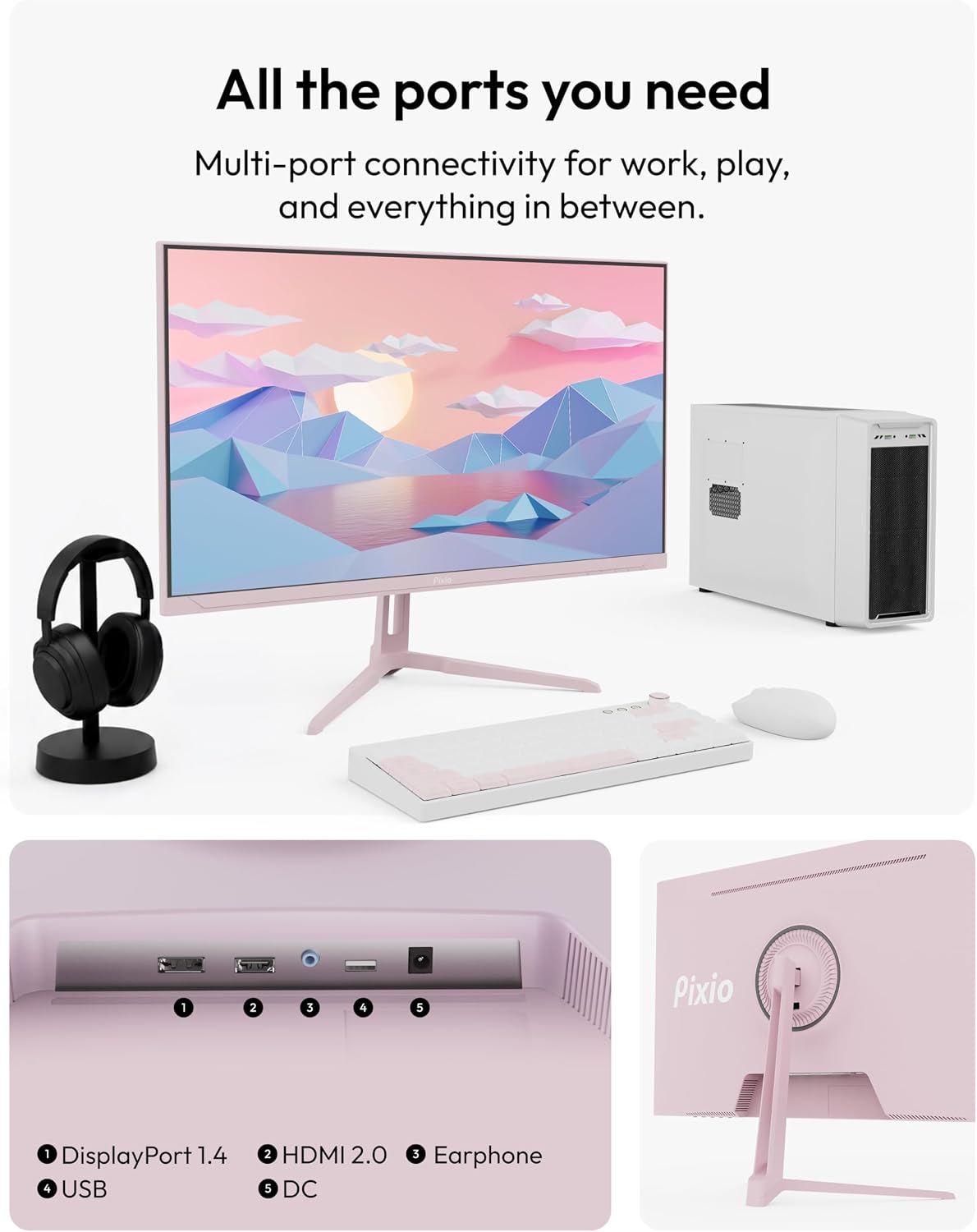 Pixio PX275 Wave Pink 27 inch 100Hz Refresh Rate QHD 1440p Resolution IPS Panel 1ms MPRT Response Time Gaming Monitor with Adaptive Sync