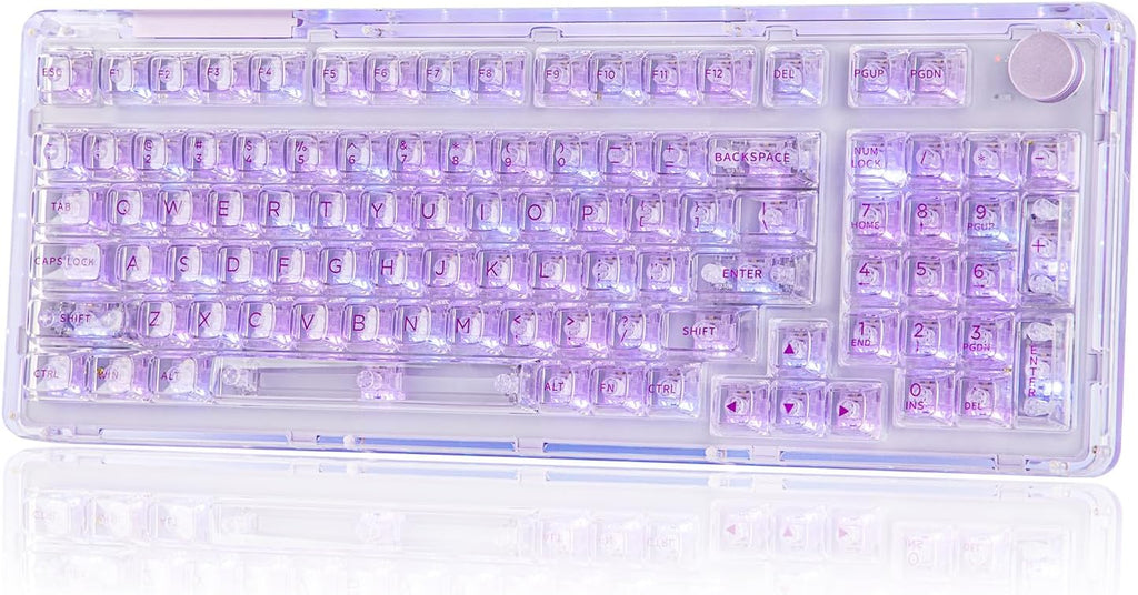KiiBoom Phantom 98 Crystal Mechanical Gaming Keyboard, Transparent Keyboard with RGB Backlits, Hot-Swappable, Shine Through Clear Keycaps, 3 Modes Wireless, 8000mAh Battery, NKRO for Win/Mac (Purple)