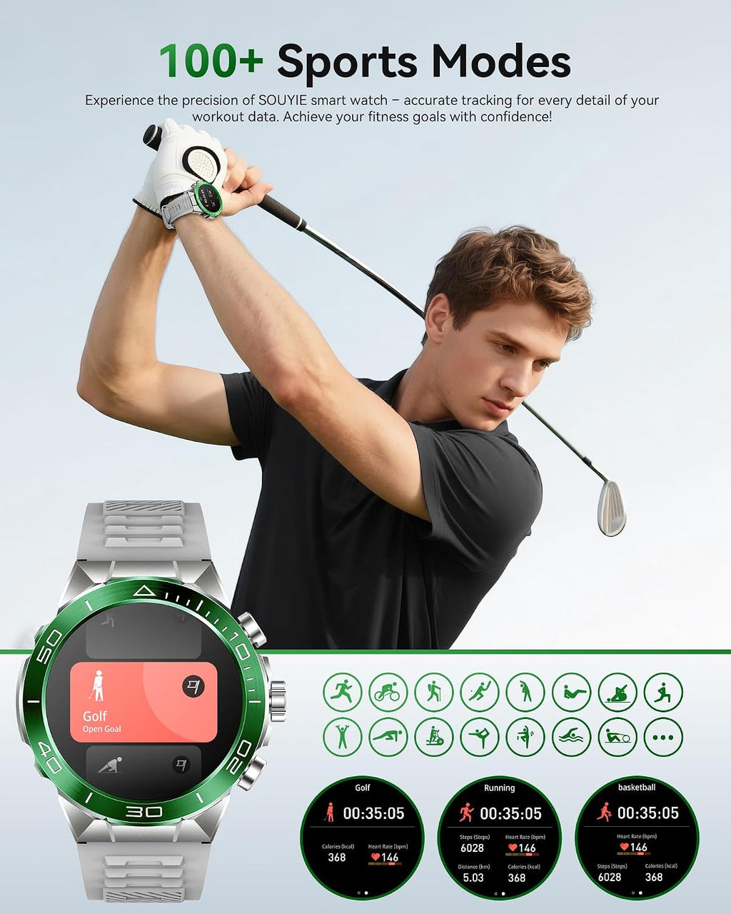 SOUYIE Military Rugged Smart Watch for Men, AMOLED 1.43' HD Screen, Bluetooth Call Answer/Make, Blood Oxygen/Heart Rate/Sleep Tracker, 7-30 Day Battery, Waterproof Fitness Tracker for iOS Android