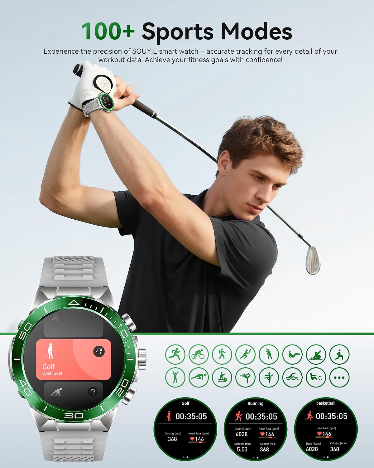 SOUYIE Military Rugged Smart Watch for Men, AMOLED 1.43' HD Screen, Bluetooth Call Answer/Make, Blood Oxygen/Heart Rate/Sleep Tracker, 7-30 Day Battery, Waterproof Fitness Tracker for iOS Android