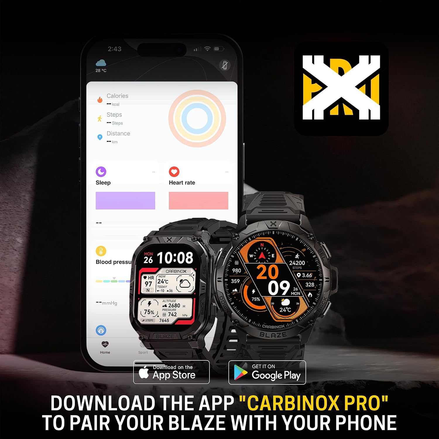 CARBINOX Blaze Smart Watch with GPS (Sport Mode), Fitness Tracker Waterproof IP69K, Compatible with Android and iOS, 170+ Sports Modes, Make/Receive Calls (Square Ultimate Pack)