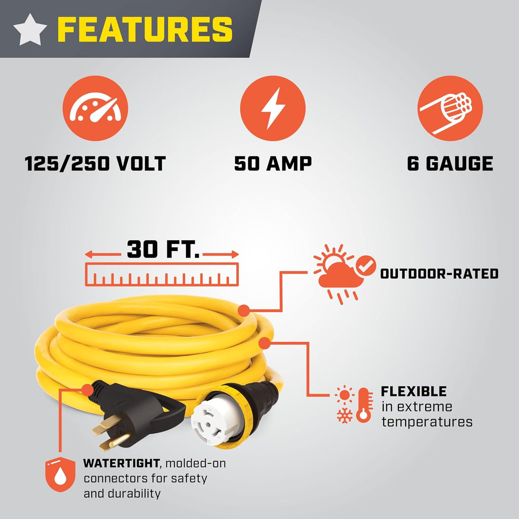 Champion Power Equipment 30-Foot 50-Amp 125/250-Volt RV Generator Power Cord, (14-50P to SS2-50R)