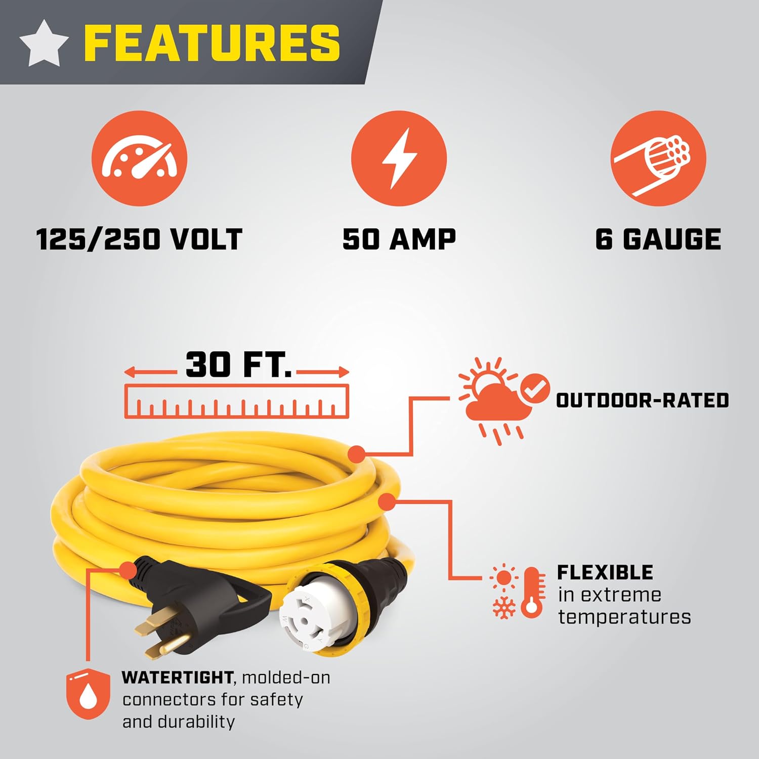 Champion Power Equipment 30-Foot 50-Amp 125/250-Volt RV Generator Power Cord, (14-50P to SS2-50R)