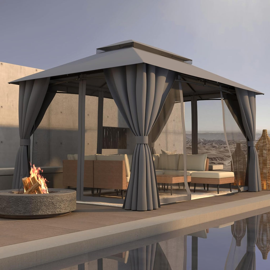 Outdoor Gazebo 10x13 with Double Roof, Patio Gazebo with Netting & Curtain Included. Trapezoidal Support System for Enhanced Stability, Perfect for Patio, Deck, Backyard