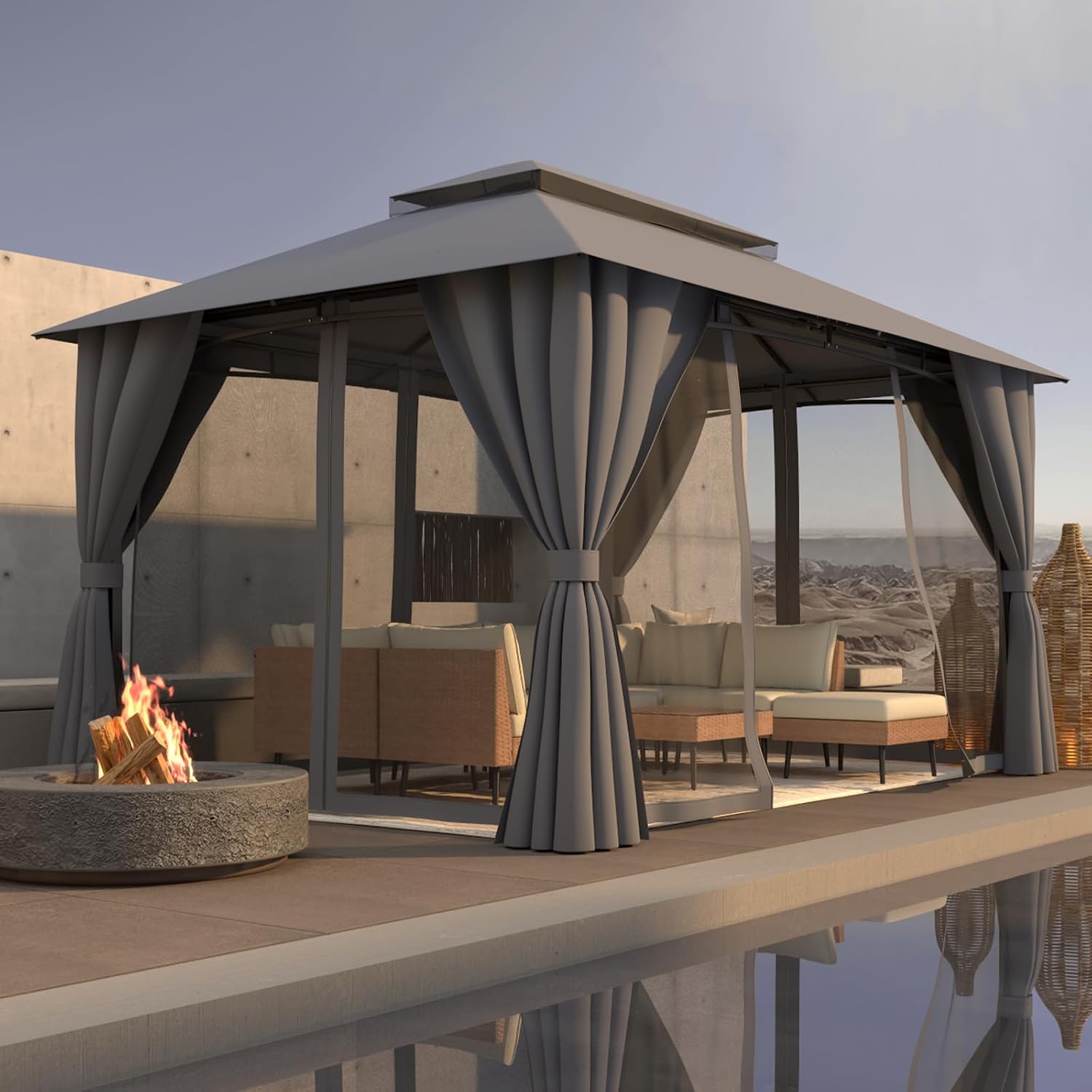 Outdoor Gazebo 10x13 with Double Roof, Patio Gazebo with Netting & Curtain Included. Trapezoidal Support System for Enhanced Stability, Perfect for Patio, Deck, Backyard