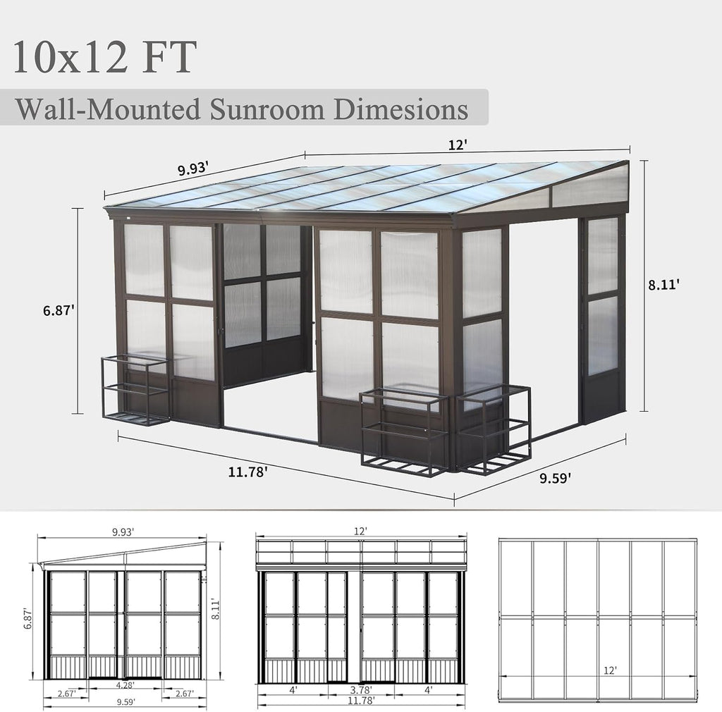 Domi 10x12FT Wall Mounted Sunroom Kit, Aluminum Enclosed Gazebo with 3 Sliding Doors,Sloping Polycarbonate Roof & Detachable Windows, Outdoor Sun Room Lean to Solarium for Deck Patio