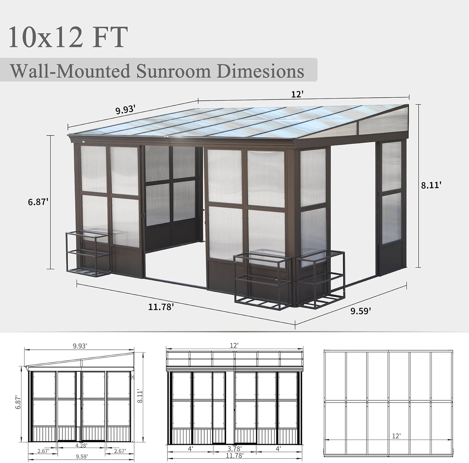 Domi 10x12FT Wall Mounted Sunroom Kit, Aluminum Enclosed Gazebo with 3 Sliding Doors,Sloping Polycarbonate Roof & Detachable Windows, Outdoor Sun Room Lean to Solarium for Deck Patio