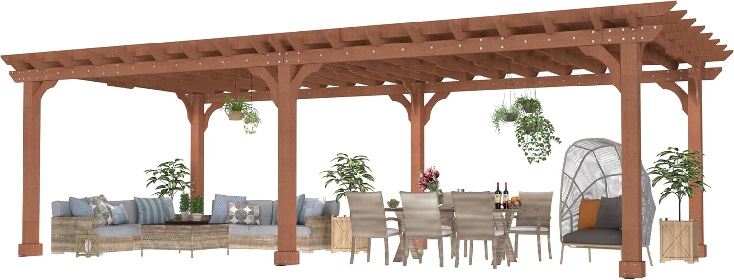 Yardenaler 12 x 24 FT Wooden Pergola with Flat Roof, Cedar Wood Gazebo Outdoor Garden Shelter with Stakes Included for Patio, Deck, Backyard, Lawn