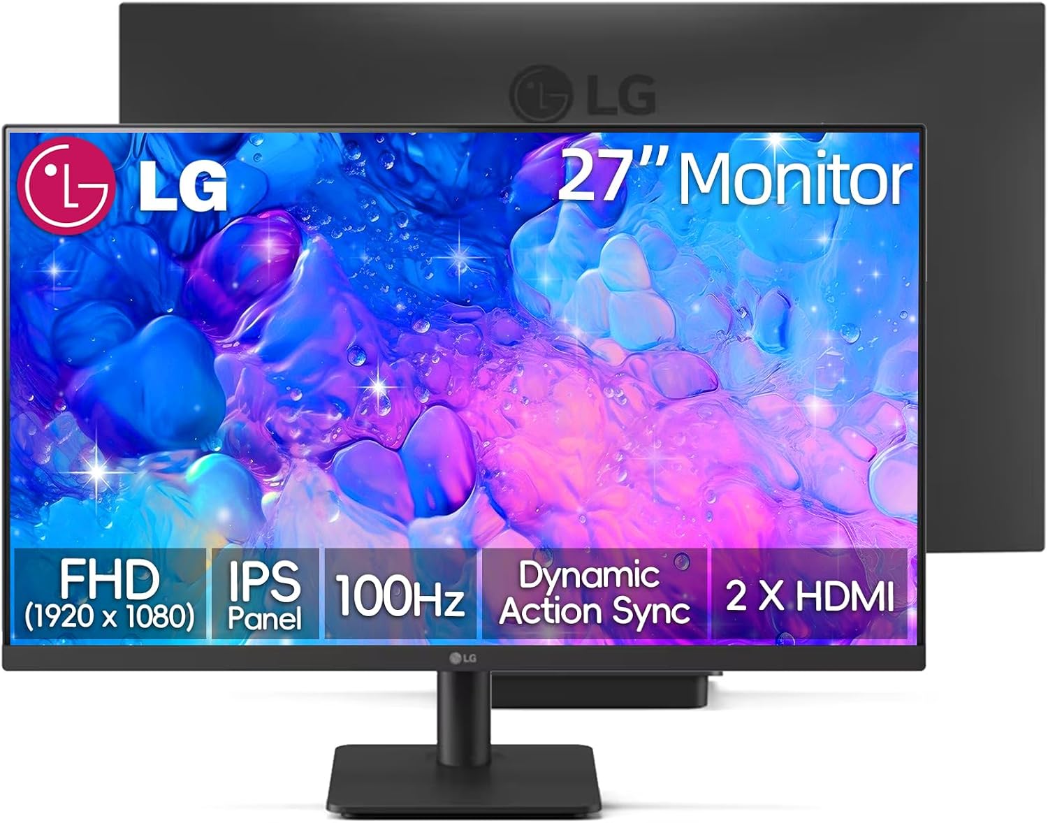 LG 27 inch FHD (1920 x 1080) IPS Monitor, 100Hz, 5ms, Dynamic Action Sync, Black Stabilizer & Crosshair, HDR10, Reader Mode/Flicker Safe, HDMI, OnScreen Control, Tilt Adjustable, Black