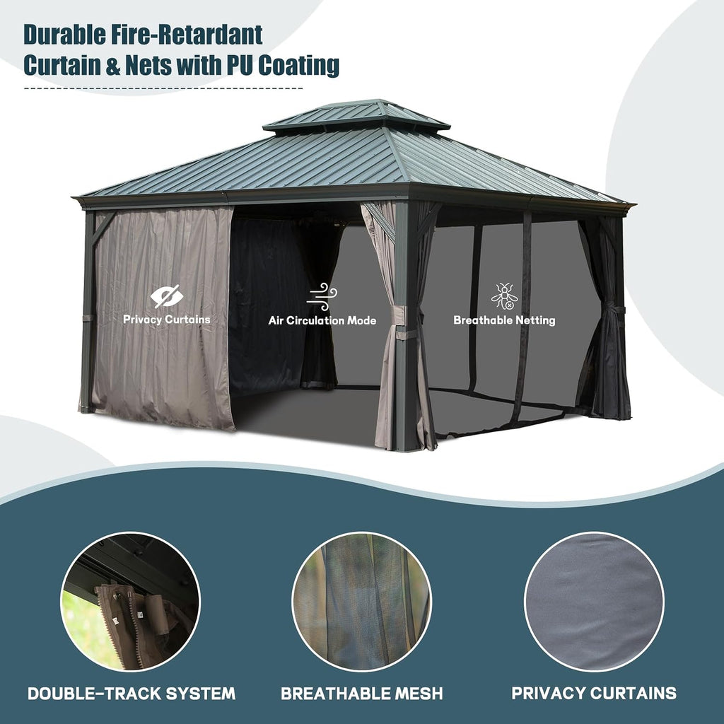 Domi 12' X 14' Hardtop Gazebo Permanent Aluminum Outdoor Gazebo with Galvanized Steel Double Roof, Drainage Gutters, Curtains, and Netting for Party, Wedding, Dining