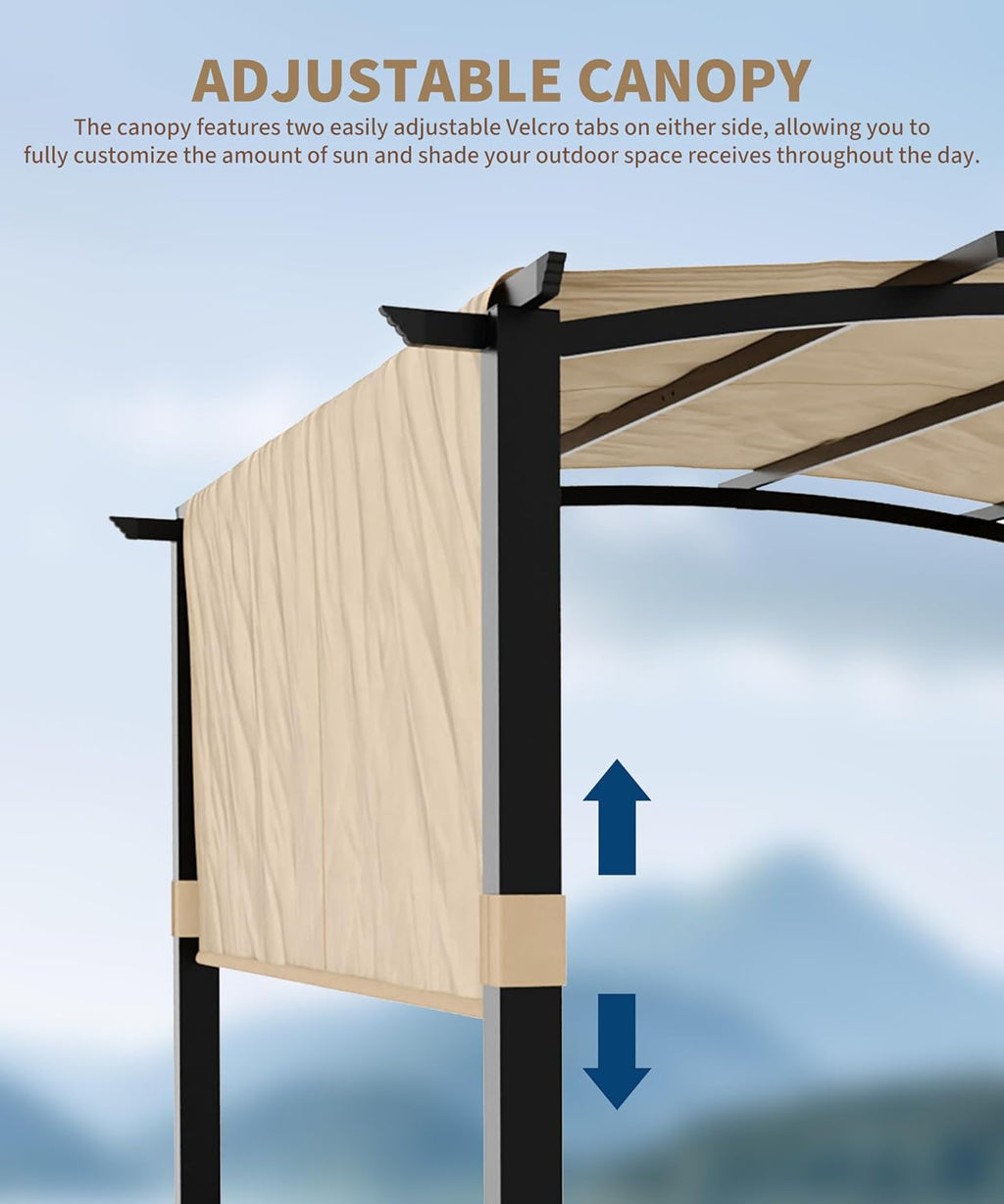 KYBOLT 12x9 Ft Arched Pergola Metal Gazebo with Retractable Canopy for Backyard Deck Garden Lawns Porch(Khaki)