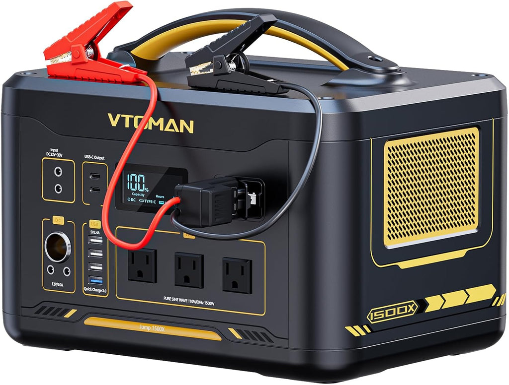 VTOMAN Jump 1500X Portable Power Station with Jumper Cables, 828Wh LiFePO4 Battery Solar Generator & Car Jump Starter, 1500W AC Outlet, 100W PD Type-C&Regulated DC for Home Backup Roadside Emergencies