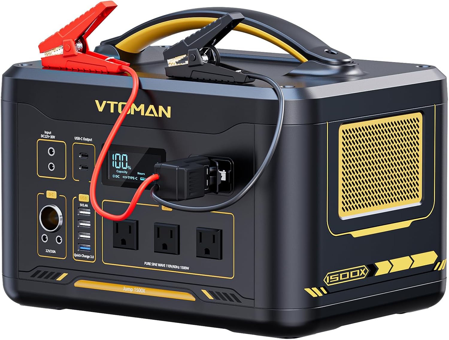 VTOMAN Jump 1500X Portable Power Station with Jumper Cables, 828Wh LiFePO4 Battery Solar Generator & Car Jump Starter, 1500W AC Outlet, 100W PD Type-C&Regulated DC for Home Backup Roadside Emergencies