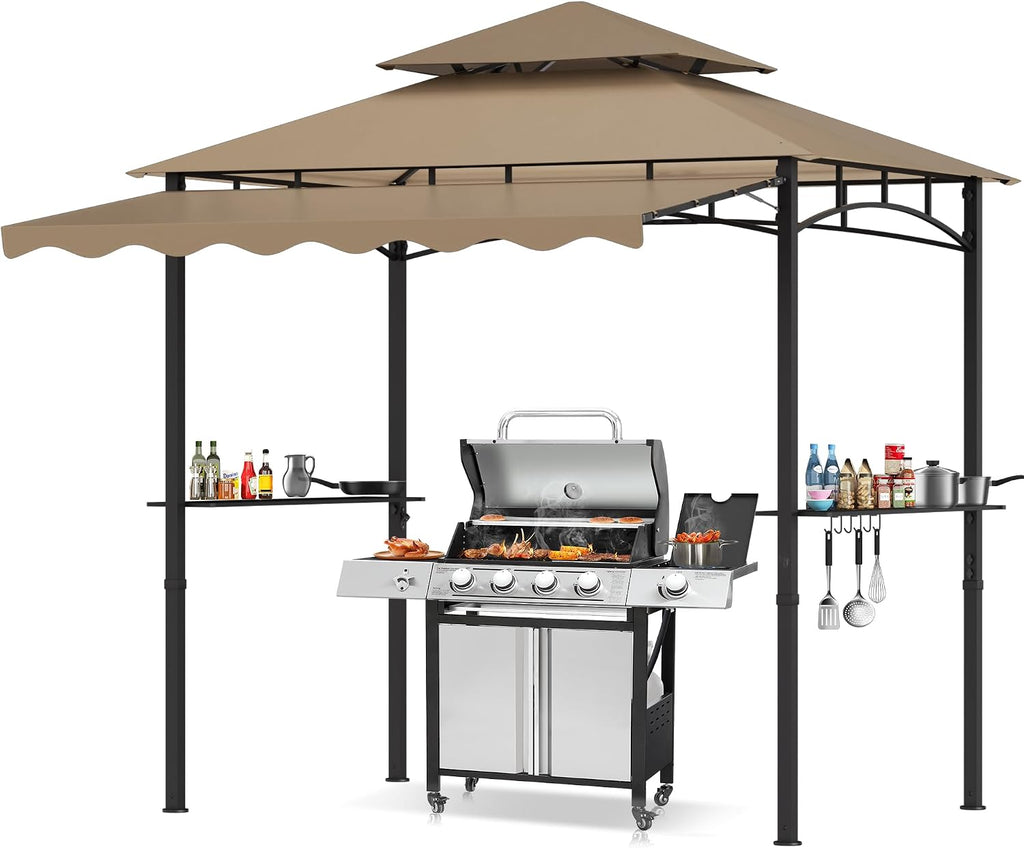 TITIMO 8'x 8' x 7.8' Double Tiered Grill Gazebo with Side Awning,Outdoor Patio BBQ Pergola, Heavy-Duty Metal Frame Canopy Tent with Side Shelves,Hooks,Bottle Opener for Lawn Deck and Garden (Khaki)