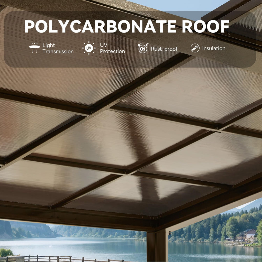 Gazebo 10'x13' with Adjustable Polycarbonate Roofs, All Aluminum Frame Permanent Pergola for Patio, Outdoor Freestanding Shelter, Dark Brown