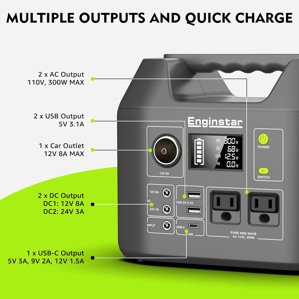 EnginStar Solar Generator, 300W Portable Power Station, 296Wh Lithium Battery Backup w/Two 110V Pure Sine Wave AC Outlet for Camping Road Trip RV, 80000mAh Sufficient Power Supply for Blackout